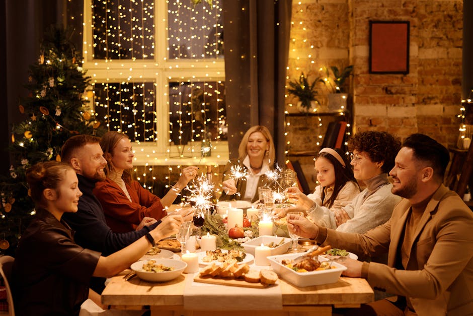 Family celebrating Christmas with dinner and sparklers, creating joyful holiday atmosphere indoors